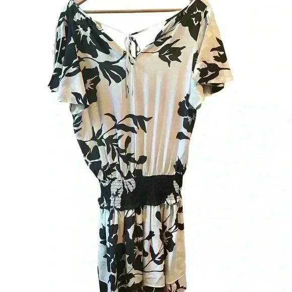 Ramy Brook Ingrid Black White Floral Flutter Sleeve Tiered Mini Dress. - Picture 9 of 14